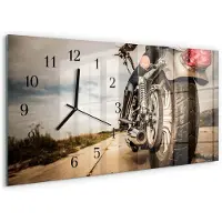 Tulup Wandklok - Motorfiets Klok Glas Met Opdruk - 60x30 cm - Beige Moderne Wandklok Glas - Zwarte Handen - Rechthoekige Wandklok - Glazen Wandklok Design - Klok Glas Met Opdruk