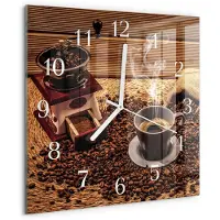 Drukarnia Piga Wandklok - Koffiebonen Wandklok Glas Met Motief - 30x30 cm - Bruin Decoratieve Glazen Klok - Witte Handen - Vierkante Wandklok - Wandklok Glas Decoratie - Gekleurde Glazen Klok
