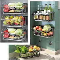 Zwart Wandmontage Keuken Opbergrek met Netmand en Afdruipbak – Ruimtebesparend Keuken Wandrek voor Fruit, Groente, Brood en Keukengerei – Sterke Draagkracht, Boorvrij of Schroefmontage –