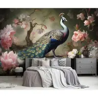 Consalnet Vliesbehang - Fotobehang - Pauw - Vogel - Bloemen - Natuur - Veren - Pauwen - Vogels - 254x368 cm (Hoogte x Lengte)