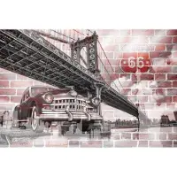 Karo-art 368cm X 280cm - Fotobehang - Amerika, USA, Oldtimer, route66, Brooklyn Bridge, Op stenen achtergrond, 11 maten, incl behanglijm