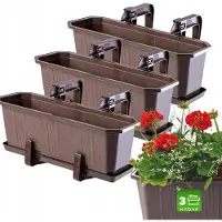 Kadax Bloembakset, balkonbak van kunststof, plantenbak voor bloemen en kruiden, duurzame balkonpot, plantenbak voor balkon, set van 3 x 40 cm, bruin