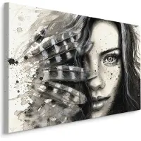Karo-art Schilderij - Portret van een jonge vrouw, Veren, Premium Print