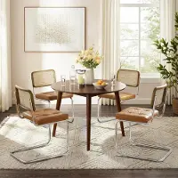 Glamour Luxe Rotan Cantilever Eetkamerstoelen Set van 2 – Kunstleer & Eikenhout Look, Chromen Metalen Sledeframe, Modern Design Keukenstoelen 87cm Hoog