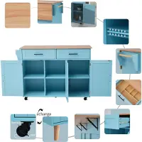 Merax Keukenwagen met Massief Houten Blad – 129x46(71)x91,5 cm – Blauw – Met Opklapbaar Werkblad, Opbergruimte, Deur, Wieltjes & Houten Poten