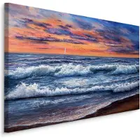 Karo-art Schilderij - Wilde zee en zonsondergang (print op canvas), multi-gekleurd, wanddecoratie