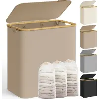 Songmics - Wasmand - Wasbox met 3 Vakken - Opvouwbare Wasmand - Met Bamboe Handgrepen en Uitneembare Zak