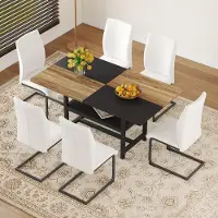 MODFU - Eettafelset - Met Opbergrek En 6 Stoelen - Modern - Voor Eetkamer En Keuken - MDF En Metaal Met Kunstleer - Wit Houtkleur - 160x90x76 cm