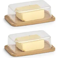 Zeller 2x Botervloten bamboehout met kunststof deksel 19 cm - - Keukenbenodigdheden/accessoires - Tafel dekken - Botervloten - Boterkuipjes - Botervloot van hout