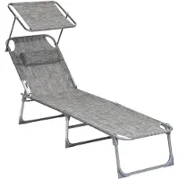 Songmics Zonneligstoel, ligstoel, tuinligstoel, met hoofdsteun en zonnedak, rugleuning verstelbaar, licht, inklapbaar, 53 x 193 x 29,5 cm, tot 150 kg belastbaar, tuin, balkon, grijp GCB19T