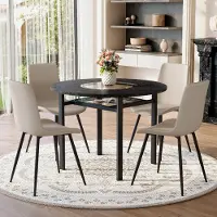 MODFU - Ronde Eethoekset - Met 4 Stoelen En Glazen Inleg - Modern - Voor Eetkamer - MDF Metaal En PU-Leer - Zwart Houtlook Warmgrijs - 100 Cm