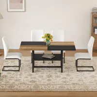 MODFU - Eettafelset Met 4 Stoelen En Opbergplank - Modern - MDF, Metaal En Kunstleer - Wit, Houtkleur - 160 x 90 x 76 cm