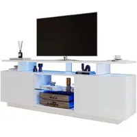 OKWISH TV-Meubel – Hoogglans Wit 2 Deuren – Met LED – App-Gestuurde 16-Kleur LED & 5 Open Vakken – Spaanplaat Wit – 140×35×55 cm