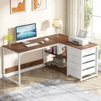 Tribesigns Bureau - L-Vormig Game Bureau met 4 Laden - 150 x 110 x 75cm - Bureau met Legplanken - Gaming Desk - Computer Tafel - Gaming Tafel - Bureau voor Gamen, Studeren en Werken - Wit / Okkernoot