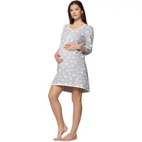 Be Mammy Dames Nachtemd - Zwangerschaps Nachthemd - Three-quarter mouwen - Katoen - BE-BE20-275-ND - MelangeSterrenCrème - XXL