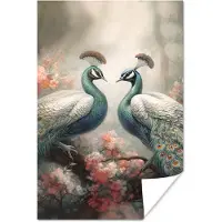 PosterMonkey Poster Pauwen - Pauwenveren - Vogels - Bloemen - Natuur - 40x60 cm