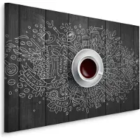 Karo-art Schilderij - Wit kopje koffie op Zwarte Tafel, premium Print