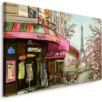 Karo-art Schilderij - Tekening van Café in Parijs, Print op Canvas