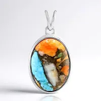 Cavill - Geplateerde 925 Sterling Zilver Hanger - Oranje Turquoise Mozaïek 12,026 ct - Ovale Cabochon - Elegante Handgemaakte Sieraad