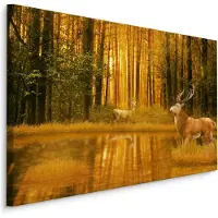 Karo-art Schilderij - Herten bij een Meer in het Bos, premium Print