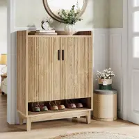 Tribesigns 2-deurs Schoenenkast – 5 Laags Schoenenrek met Verstelbare Planken – Vrijstaande Smalle Schoenenkast – 80x 35x 110cm – Houten Schoenenopberger voor Entree, Woonkamer - naturel