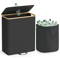 Songmics Verzamelcontainer voor flessen met deksel en uitneembare binnenzak, Inktzwart + Natuurbeige / 135 L