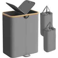 Songmics Wasmand met twee vakken en uitneembare waszak, Leigrijs + Naturel Beige