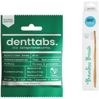Denttabs Mint Tandpasta Tabletten - Met Fluoride - Milieuvriendelijke Gebitsverzorging - Composteerbare Tabs - Zacht Polijsten - Vegan Bamboo Borstel