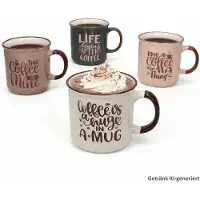 MamboCat 4-delige set koffie mokken XL met spreuken, elk 1x roze, lichtbruin, lichtgrijs en donkergrijs, van aardewerk - Q99000500