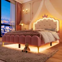 Merax Gestoffeerd bed - 140 x 200cm - met lattenbodem - zonder matras - sfeerlicht met afstandsbediening - kroonprinsesvorm - PU - roze