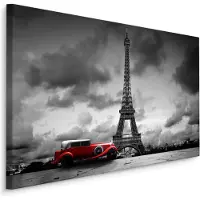 Karo-art Schilderij - Oldtimer voor de Eiffeltoren in Parijs, zwart-wit/rood, 4 maten, premium print