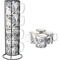 Secret De Gourmet Koffie mokken/bekers Botanic - zwart - 8x stuks in rekje - Keramiek - glans afwerking - 240 ml - 7 x 8 cm