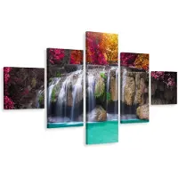 Karo-art Schilderij - Waterval in het diepe bos, 5luik, premium print