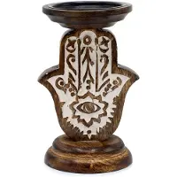 Ancient Wisdom Mangohouten kaarsenstandaard - Hamsa - Klein 18x11cm