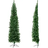 Costway 210 cm Halve Kunstkerstboom met LED – Verlichte Slanke Hoekkerstboom met 150 Warmwitte Lampjes, Metalen Standaard, Snelle Montage, voor Thuis, Kantoor en Feest