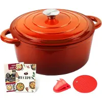 Unyqoos braadpan braadpan Ø 26 cm braadpan emaille gietijzer met deksel kookboek voor keuken bakken smoren braden stoofschotels oranje