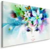 Karo-art Schilderij - Gezicht van een Vrouw met Bloemen, Print op Canvas, Premium Print