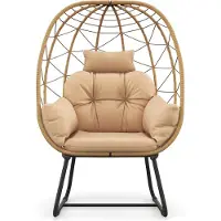 Costway Rieten stoel, rotan, oversized loungestoel met afneembaar kussen en metalen frame, tuinstoel, rotanstoel voor balkon, tuin, terras, woonkamer (beige)