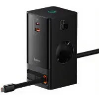 Baseus PowerCombo digitale stekkerdoos 2 AC-aansluitingen + 1 USB-A + 1 USB-C + intrekbare USB-C 65 W met 1,5 m netsnoer EU zwart