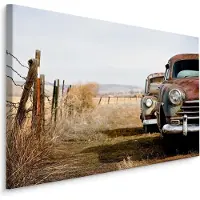 Karo-art Schilderij - Vintage auto's, bruin/blauw, 4 maten, wanddecoratie