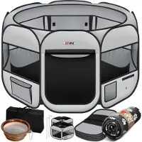 LOVPET Puppyren voor Kleine Dieren Honden Katten - Opvouwbaar Hondenren inclusief kom en Haringen - Puppy Ren Pop-up Systeem Indoor & Outdoor Konijnenren - Lichtgrijs