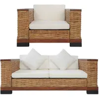 vidaXL Tweezitsbank met kussens natuurlijk rattan bruin