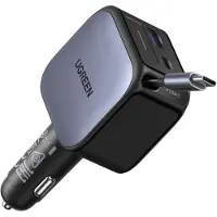 UGREEN Nexode EC604 145W Car Charger Autolader 145 W 3x USB-C, 1x USB-A QC 4+, USB PD 3.0 Grijs Auto, Vrachtwagen Opwikkelbare USB-C-kabel