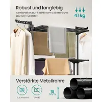 Songmics wasdroger- standaarddroger 4 niveaus- vleugelwasdroger- opvouwbare vleugels- met rollen- 63,5x125,5x173 cm, groot