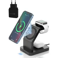 ISetchi – Draadloze Qi & Magsafe Oplader 3-in-1 – 15 Watt – Zwart Kunststof – Inclusief QC 3.0 Adapter – Voor iPhone, Apple Watch & Airpods – Georganiseerde Werkplek