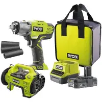 Ryobi 18 V ONE+ Professionele bandenwisselset | Eenvoudige bandenwissel met slagsleutel en compressor | Inclusief 2,0 Ah accu en lader | Ideaal voor ontluchten en oppompen