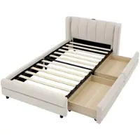 STILVORA Gestoffeerd Bed 90x200 Cm – Eenpersoonsbed Met Usb En Type C – Ergonomisch Hoofdbord – 2 Lades Links Of Rechts – Zonder Matras – Chenille – Beige