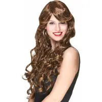 Vegaoo Glamour pruik lang kastanje bruin met krullen voor dames - Verkleedpruik - One size
