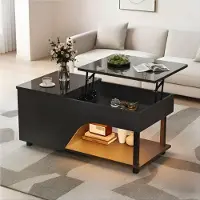 OKWISH Salontafel - In Hoogte Verstelbaar Met Verborgen Opbergruimte En Led - Voor Woonkamer - Zwart Spaanplaat - 50x100x46 cm