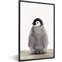 PosterMonkey Poster in fotolijst kinderen - Kinderen - Pinguïn - Grijs - Dieren - Meisjes - Jongens - Wanddecoratie kinderkamer - Poster kinderkamer - 60x90 cm - Kinderposter